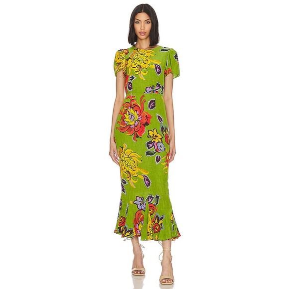Rhode Womens Lulani Maxi Dress Floral Short Sleeve Fully Lined Green Multi Sz 6 - Picture 1 of 11
